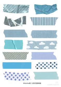 several different types of blue and white paper with polka dots on the bottom one side