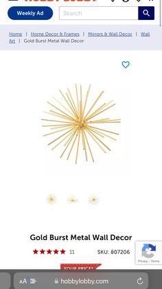 the gold burst metal wall decor is on sale