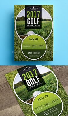 the golf tournament flyer is shown on top of a blue background with green grass and white discs