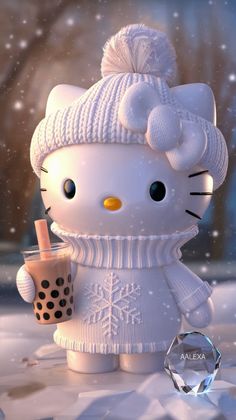 an animated hello kitty holding a drink in the snow