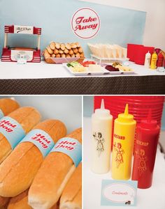 a table with hot dogs, buns and other food items on it at a fast food restaurant