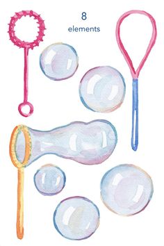 an image of different objects that are drawn in watercolor