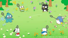 several cartoon characters playing tennis in the grass with flowers and trees behind them, one is holding a racquet