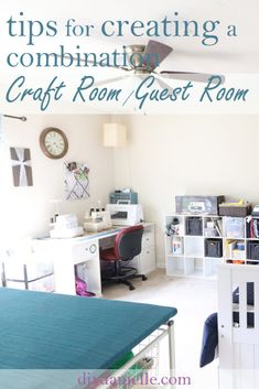 a bedroom with a bed, desk and chair in it that has the words tips for creating a combination craft room guest room