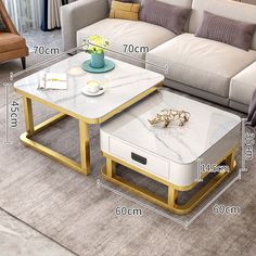 a living room with a couch, table and coffee table in the measurements for each piece