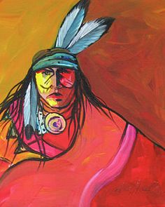 an oil painting of a native american man wearing a headdress and feathers on his head