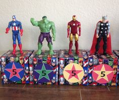 the avengers action figures are lined up on top of each other, with numbers 5 and five