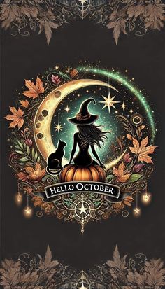 a halloween poster with a witch sitting on top of a pumpkin