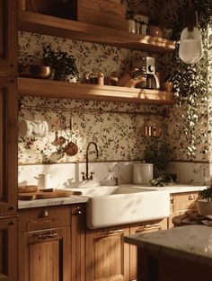 a kitchen filled with lots of wooden cabinets and counter top space next to a white sink