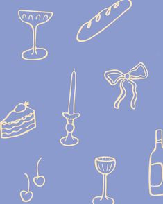 a blue background with white outline drawings of food and drinks on the bottom right hand corner