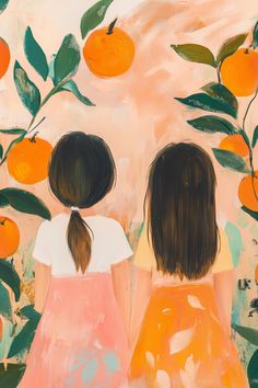 two girls looking at an orange tree with leaves on it and one has her back to the camera