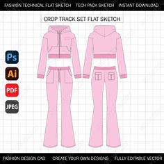 Y2K Track Suit Set Crop Flare Pant Mock Up for Fashion Design Tech Pack Technical Flat Sketch CAD Ai Editable Vector Template Y2k Track Suit Set Flat Sketch Front and back view of a Cropped Y2K Track Suit. The file is easily editable with colors or patterns. This sketch is great for any fashion design and development, tech packs, mock ups, line sheets and factory spec sheets. Included in the digital download are (3) files: - Adobe Illustrator file (.Ai) - Adobe PDF file (.PDF) - Black and White Clothing Branding Design, Clothing Templates, Design Tech, Fashion Design Template, Clothing Sketches, Cropped Flare Pants, Crop Flare, Flat Sketches, Clothing Design Sketches