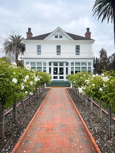 a long brick walkway leading to a large white house