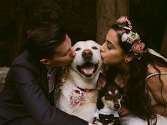 a bride and groom kissing their dog in front of the camera with two dogs on his lap