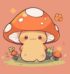 a cartoon mushroom sitting in the grass with flowers around it's feet and eyes closed