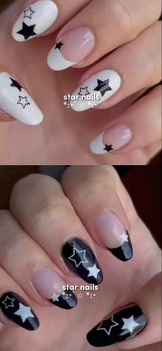 Black And White Star Nails Acrylic Y2k, Arctic Monkeys Inspired Nails, Star Nails Y2k, Stars Nails, Band Nails, Punk Nails, Cute Simple Nails, Grunge Nails