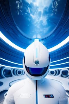 a white robot is standing in front of some blue lights