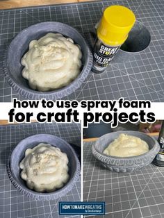 collage of images showing spray foam in use as a base for a craft project Spray Foam For Floral Arrangements, How To Use Spray Foam For Crafts, Spray Foam Decorations, Great Stuff Foam Halloween, Expanding Foam Christmas Decorations, Expanding Foam Art Sculpture, Spray Foam Pumpkin Diy, Expanding Foam Halloween, Spray Foam Projects