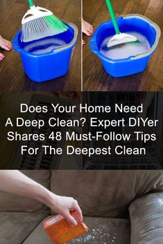 three pictures showing how to clean a couch and cleaning it with the help of a mop