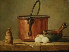 an oil painting of a red pot and other items on a wooden table next to a salt shaker