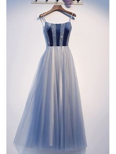 Dusty Blue Aline Long Tulle Prom Party Dress With Spaghetti Straps Aline Prom Dress, Prom Fashion, Sequins Top, Feminine Elegance, Fancy Wedding Dresses, Prom Dresses With Sleeves, Fantasy Dress, Prom Party, Prom Party Dresses