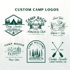 the camp logos are designed in green and white, with some trees on each side