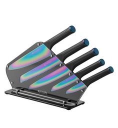 a multicolored knife holder with four knives