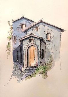 a watercolor drawing of a house with a door and steps leading up to it