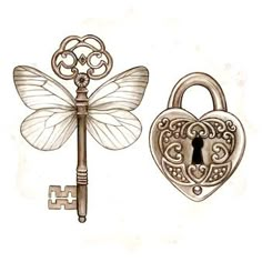 an antique key with a dragonfly attached to it and a heart shaped padlock