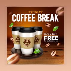 two coffee cups with green leaves are on a plate and there is an advertisement for it's time for coffee break