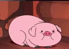 a cartoon pig sitting on the ground next to a door