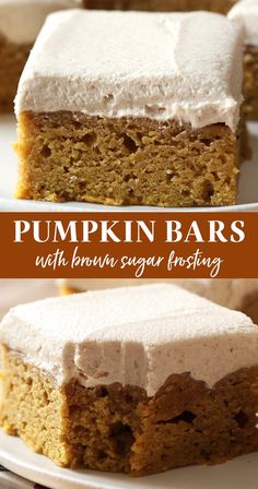 pumpkin bars with brown sugar frosting are on a white plate and one is cut in half