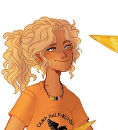 a drawing of a woman with blonde hair and an orange t - shirt holding a banana