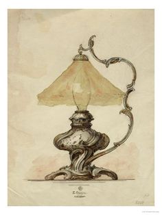 a drawing of a lamp with a glass shade on it's base and an ornate design