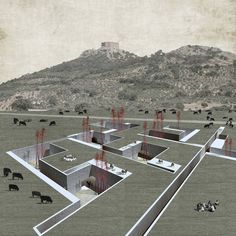 an artistic rendering of a farm with cattle grazing in the field