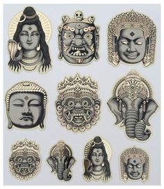 six stickers with different designs on them, including an elephant head and several faces