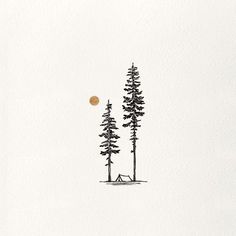 a drawing of two pine trees with a full moon in the background