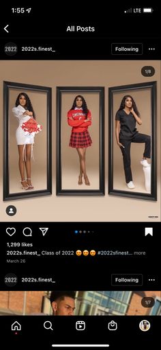 an instagramted photo of two women standing in front of three mirrors with the caption'all posts'above them