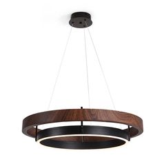 a circular wooden light fixture with two lights hanging from it's center, and an oval