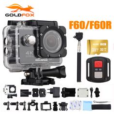 the gold fox gopro action camera is shown with all its accessories and accessory pieces