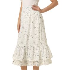 Featuring pretty ditsy floral prints, this midi skirt is a summer option that can be worn with just about anything. Channel elegant style in this midi skirt which is beautifully printed with a blossom pattern for a versatile look. It is made of lightweight fabric, adding definition to the free-flowing design. Falling to a waterfall midi hem, it sits high on the waist with a discreet side zip fastening. Summer days call for effortlessly feminine styles like skirts. Flowy Summer Midi-length Bottoms, Non-stretch Summer Midi Skirt, Knee-length Ruffled Skirt For Summer, Flowy Ruffled Midi Length Skirt, Spring Midi Bottoms With Ruffle Hem, Knee-length Ruffled Skirt For Day Out, Casual Midi Skirt With Ruffle Hem, Summer Floral Print Midi Skirt, Summer Bottoms With Ruffle Hem And Midi Length