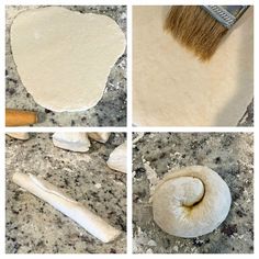 four different stages of making bread dough with a brush and rolling pin on the counter