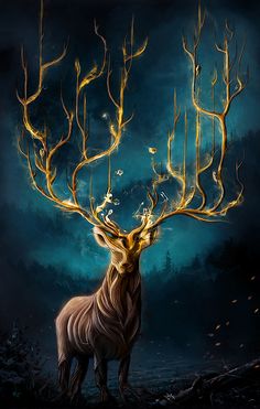 a painting of a deer with gold antlers on it's head and trees in the background