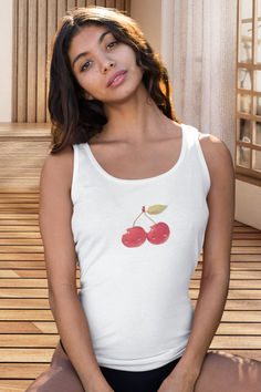 A too-cute tank top, this one is a must have! Cherry Aesthetics, Circle Aesthetic, Anime Wallet, Cloak Dress, Sleepy Girl, Cherry Design, Pajama Romper, Tunic Hoodie, Cute Tank Tops