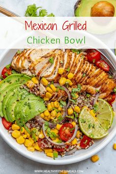 mexican grilled chicken bowl with avocado, corn and tomatoes