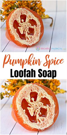 pumpkin spice loofah soap recipe with text overlay