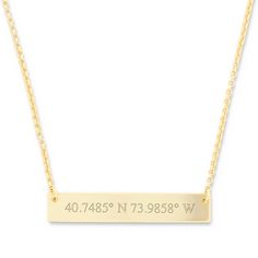 Celebrate a special day with a truly unique piece of jewelry. This 14k Gold Custom Coordinate Bar Necklace can be personalized with a specific location. The address of your choice will be converted into longitude and latitude coordinates and engraved on the front of this bar necklace. The 1 1/4 by 1/4 inch 14k Gold Bar comes on a 16 or 18 inch rolo chain and is perfect for layering with your everyday pieces. Coordinate jewelry makes the perfect gift for anniversaries  wedding  birthdays or any s Coordinates Jewelry, Gold Bar Necklace, Silver Bar, Silver Bars, Gold Bar, Rolo Chain, Gifts For New Moms, Bar Necklace, Gold Plated Sterling Silver