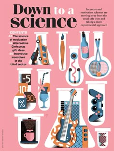 the cover of down to a science magazine, with various items on it and in different colors