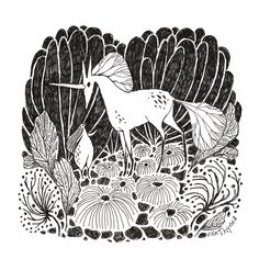 a black and white drawing of an unicorn in the woods with flowers, plants and leaves