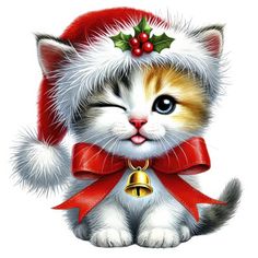 a kitten wearing a santa hat and bells